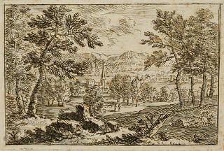 A. EVERDINGEN (*1621), Landscape with church, around 1640, Etching