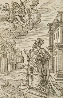 P. BORCHT (1535-1608) attributed, King David with angelic appearance., Woodcut