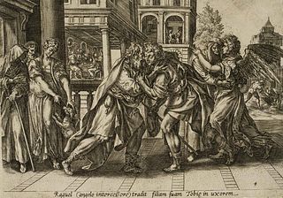 G. JODE (1509-1591) attributed, Homecoming with Angel Raphael, Copper engraving