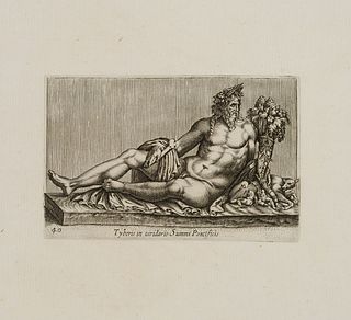P. THOMASSIN (*1562), Statue of Tiberinus, river god Tiber, around 1610, Copper engraving