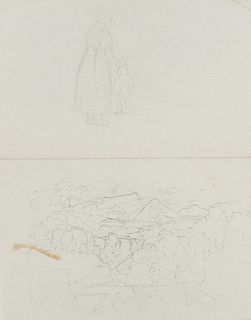 T. WEBER (1813-1875), Study sheet, shepherdess and nature, Austria, around 1840, Pencil