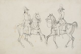 A. ADAM (1786-1862), Two soldiers on horseback, Pencil