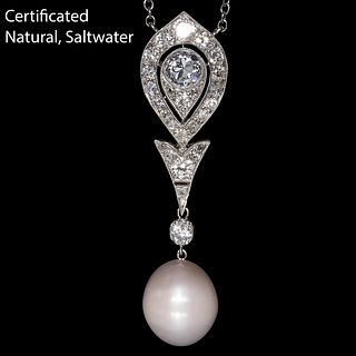 CERTIFICATED NATURAL SALTWATER PEARL AND DIAMOND DROP PENDANT NECKLACE