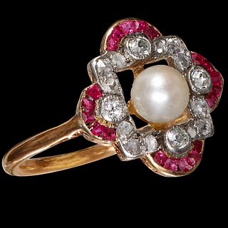 FINE ART DECO PEARL, RUBY AND DIAMOND RING
