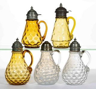 ASSORTED VICTORIAN SPOT-OPTIC GLASS SYRUP PITCHERS, LOT OF FIVE