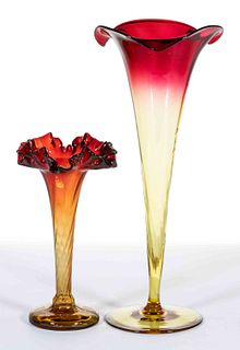 AMBERINA BLOWN GLASS TRUMPET VASES, LOT OF TWO