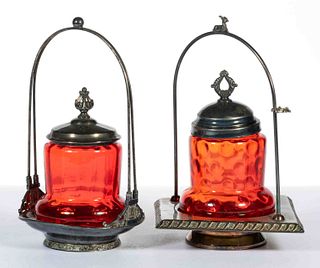 ASSORTED PIGEON BLOOD GLASS PICKLE CASTERS, LOT OF TWO