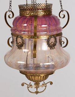 VICTORIAN OPALESCENT STRIPE KEROSENE HANGING HALL LAMP