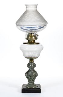 DILLAWAY DEER, DOG, AND WARRIOR FONT FIGURAL STEM KEROSENE STAND LAMP