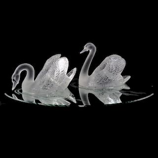 Pair Lalique Crystal Swans on Mirrored Base