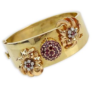 Retro 14 Karat Rose Gold, Ruby and Diamond Hinged Cuff Bangle Bracelet with De Witt, Geneva 17 Jewel Manual Movement Watch