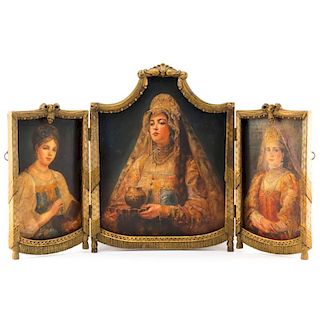 After: Konstantin Egorovich Makovsky, Russian (1839-1915) Oil on Canvas Laid on Board, Portrait Triptych in Carved and Gilt W