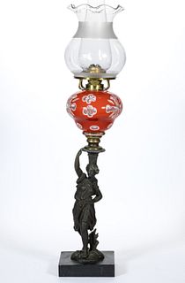 CUT-DOUBLE OVERLAY CROSSES AND QUATREFOILS WITH FIGURAL STEM KEROSENE STAND LAMP