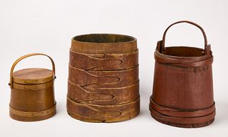 Early Painted Bucket and Two Firkins