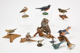 10 Carved and Painted Miniature Birds