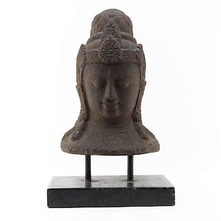 Antique Carved Stone Buddha Head On Stand