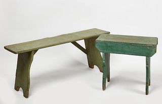 Two Green Painted Benches