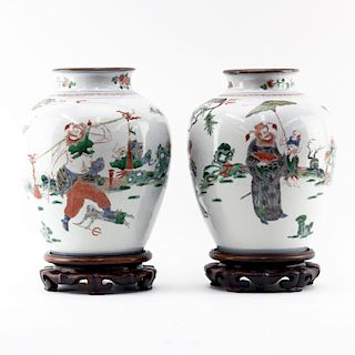Pair of 19th Century Chinese Famille Vert Hand Painted Jars on Wooden Stands