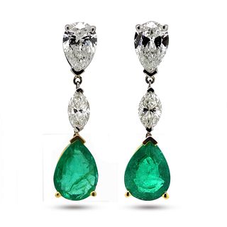 Two (2) Pear-shape Earrings; Fine Emeralds w/Diamonds