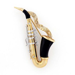 Diamond & Onyx Saxophone Brooch-Pin