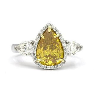 GIA 3.16 ct. Vivid Yellow-Orange Pear Shape Diamond Ring Platinum / 18k