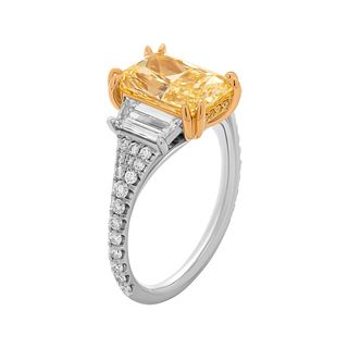 GIA Certified 3 stone Ring with 3.34ct Fancy Yellow VVS2 Radiant Cut