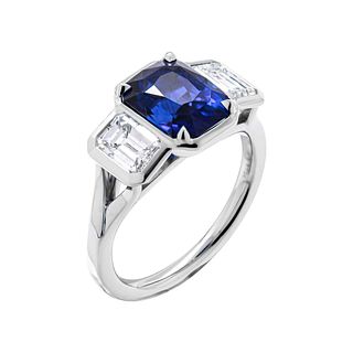 GIA Certified Platinum 3-Stone Ring with 3.31 Carat Radiant Shape Blue Sapphire