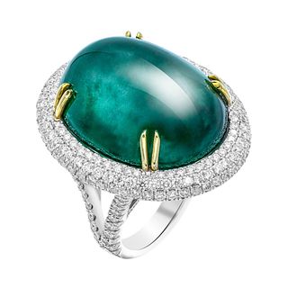 GIA Certified 50.6 Carat Oval Emerald Cabochon Diamond Cocktail Ring