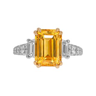 Certified 3 Stone Ring with 5.02ct Vivid Yellow Emerald Cut Sapphire