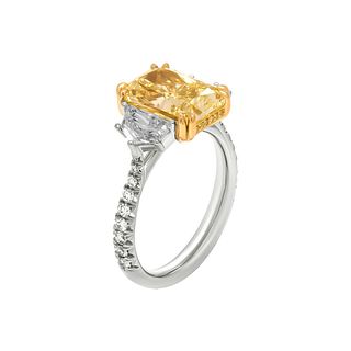 GIA Certified Platinum 3-Stone Ring with 4.02ct Natural Fancy Yellow Even VVS2 Radiant Diamond