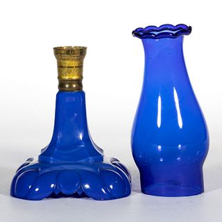 ASSORTED BLUE GLASS KEROSENE LIGHTING ARTICLES, LOT OF TWO