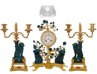 18th C. Foo Dog Chinoiseries Porcelain and Bronze French Festeau Le Jeune Clock Set