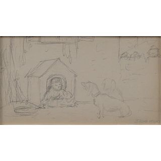 Jerome Myers, American  (1867-1940) Double Sided Pencil Sketch On Paper "Child In Dog House and Three Figures" Signed lower r