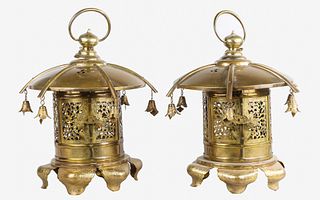 Pair Vintage Japanese Etched Brass Lanterns