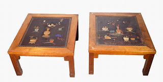 Pair Japanese Stone Applique Top Side Tables