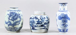 Group of Three Vintage and Antique Chinese Blue and White Vases and Jars