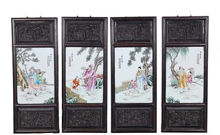 Group of Four Vintage Hand Painted Porcelain Panels