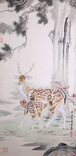 Vintage Chinese Scroll, Deer