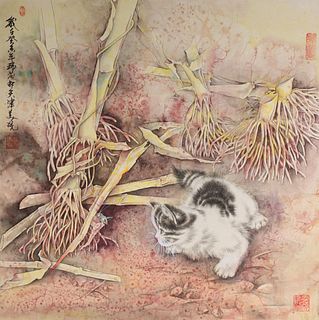 Vintage Chinese Scroll, Kitten and Bamboo
