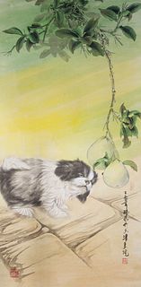 Vintage Chinese Scroll, Shih Tzu and Pears