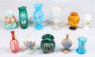Group of Eleven Vintage Hand Painted Glass Vases