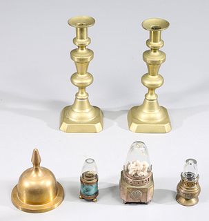 Group of Six Vintage Brass Candlesticks and Lanterns