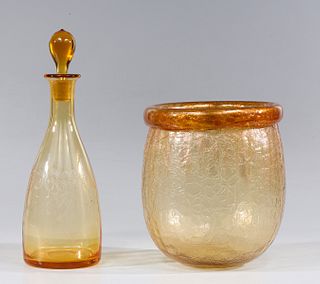 Group of Two Vintage Amber Glass Decanter and Vase