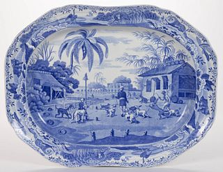 STAFFORDSHIRE INDIA VIEW TRANSFER-PRINTED CANINE MOTIF CERAMIC PLATTER