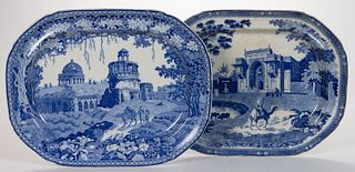 STAFFORDSHIRE INDIA VIEW TRANSFER-PRINTED CERAMIC PLATTERS, LOT OF TWO