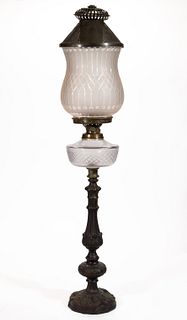CUT GLASS FONT AND STYLIZED STEM KEROSENE BANQUET STAND LAMP