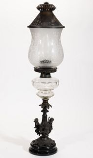 CUT GLASS FONT AND FIGURAL STEM KEROSENE BANQUET STAND LAMP