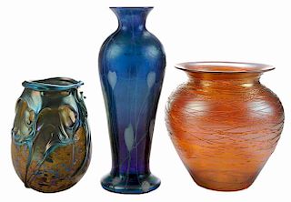Three Iridescent Art Glass Vases