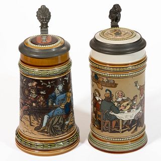GERMAN METTLACH SINGING AND DRINKING MOTIF CERAMIC STEINS, LOT OF TWO