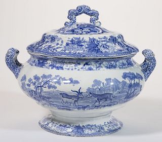 STAFFORDSHIRE TRANSFER-PRINTED "AESOP'S FABLES" SOUP TUREEN